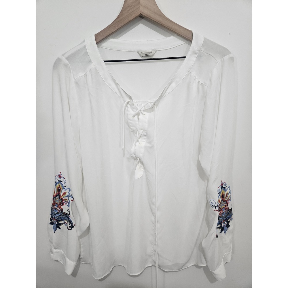 Ariat Women's L White Embroidered Lace Up Peasant Blouse Western Boho
